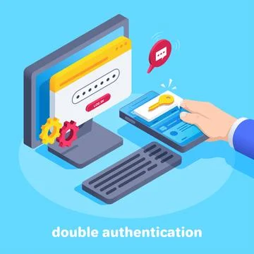 Isometric vector image on a blue background, a male hand holds a smartphone w 库存插图