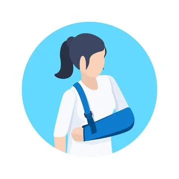 Isometric vector image on a blue background, a woman with a broken arm, treat Stock Illustration