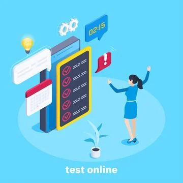 Isometric vector image on a blue background, a woman passes a test online on  스톡 일러스트