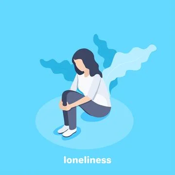 Isometric vector image on a blue background, a lonely woman sitting with her  Stock Illustration