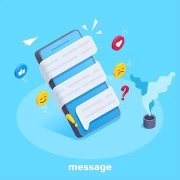 Isometric vector image on a blue background, message curling around a smartph Stock Illustration