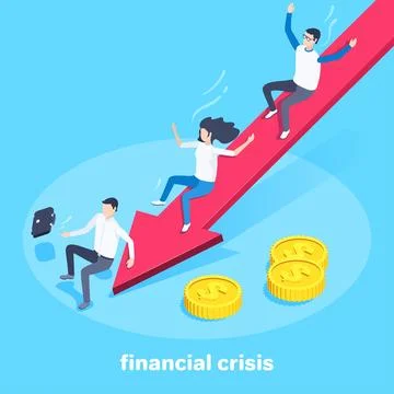 Isometric vector image on a blue background, people slide down the big red ar Stock Illustration