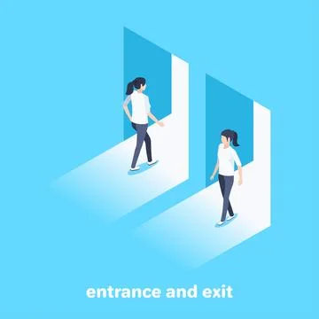 Isometric vector image on a blue background, women enter and exit the open do Stock Illustration