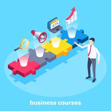 Isometric vector image on a blue background, multi-colored puzzles with busin Illustrazione stock