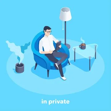 Isometric vector image on a blue background, a man sits in an armchair and lo Stock Illustration