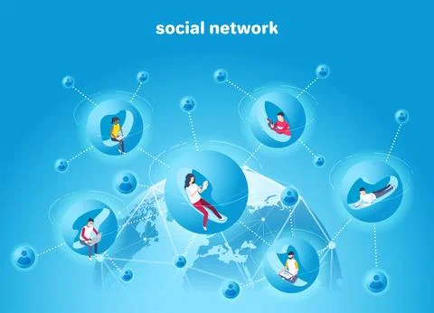Isometric vector image on a blue background, people with gadgets in the globa Stock Illustration