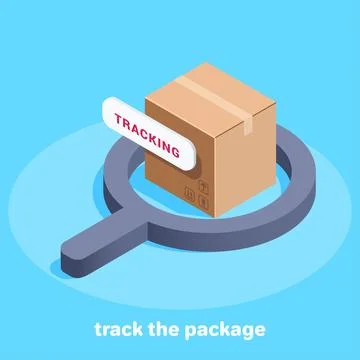 Isometric vector image on a blue background, a magnifier and a big box or tra Stock Illustration