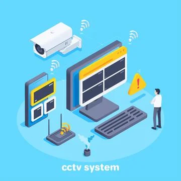 Isometric vector image on a blue background, outdoor surveillance camera and  Stock Illustration