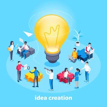 Isometric vector image on a blue background, a team of people working on crea Stock Illustration