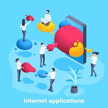 Isometric vector image on a blue background, people with colored bubbles from Stock Illustration