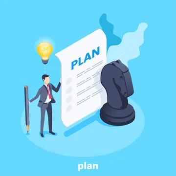 Isometric vector image on a blue background, a man in a business suit holds a Stock Illustration