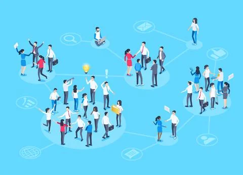 Isometric vector image on a blue background, people in business suits are gro Stock Illustration