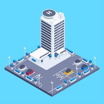 Isometric vector image on a blue background, a multi-storey hotel building wi Stock Illustration