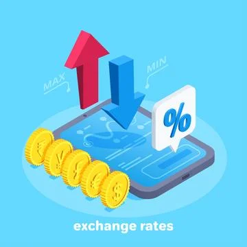 Isometric vector image on a blue background, up and down arrows above tablet  Stock Illustration