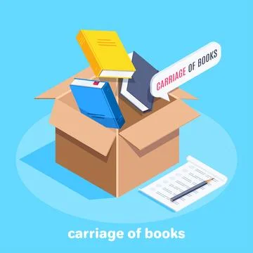 Isometric vector image on a blue background, a corton box into which books fa Stock Illustration