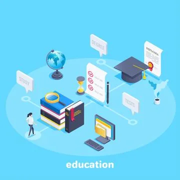 Isometric vector image on a blue background, the path from the beginning of e Stock Illustration