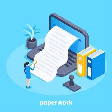Isometric vector image on a blue background, a woman with a magnifying glass  Stock Illustration