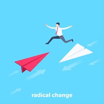 Isometric vector image on a blue background, a man in a business suit jumps f Stock Illustration