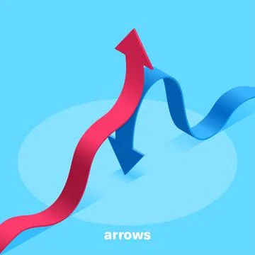 Isometric vector image on a blue background, wave-shaped arrows of blue and r Stock Illustration