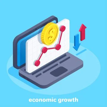 Isometric vector image on a blue background, a laptop with an open window of  Stock Illustration