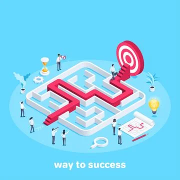 Isometric vector image on a blue background, people in business clothes go th Stock Illustration