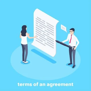Isometric vector image on a blue background, a woman reads a contract and a m Stock Illustration