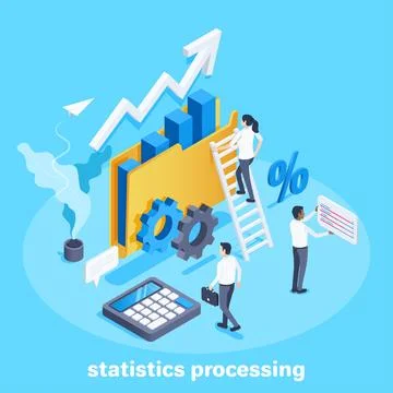 Isometric vector image on a blue background, business people work with financ Stock Illustration