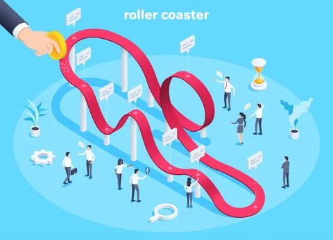 Isometric vector image on a blue background, business people and roller coast Stock Illustration