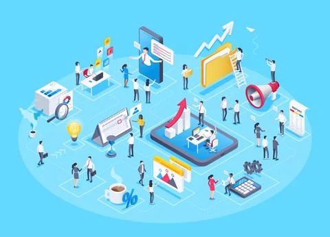 Isometric vector image on a blue background, business people work in the offi Stock Illustration