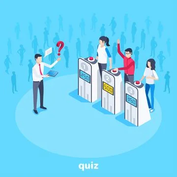 Isometric vector image on a blue background, man and women participate in a q 스톡 일러스트