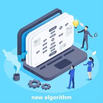 Isometric vector image on a blue background, people in business suits are sta Stock-Illustration