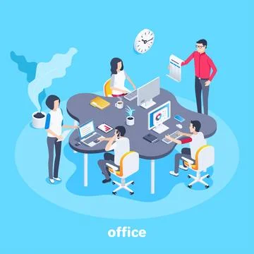 Isometric vector image on a blue background, people work in the office at the Stock Illustration