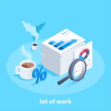 Isometric vector image on a blue background, a high stack of papers with char Stock Illustration