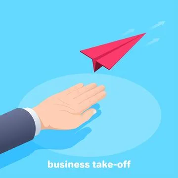 Isometric vector image on a blue background, male hand and flying paper airpl Stock Illustration