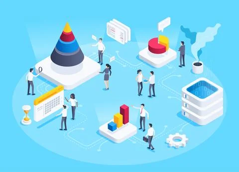 Isometric vector image on a blue background, analytic center with employees,  库存插图