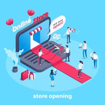Isometric vector image on a blue background, opening an online store, people  Stock Illustration