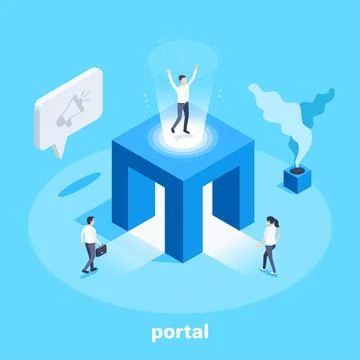 Isometric vector image on a blue background, business people enter the portal Stock Illustration
