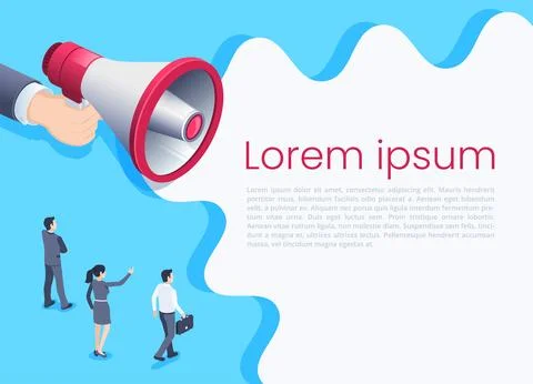 Isometric vector image on a blue background, hand with a loudspeaker and peop Stock Illustration