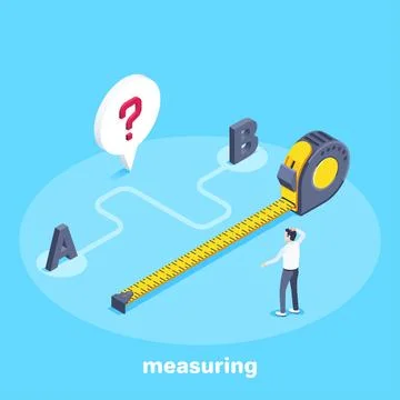 Isometric vector image on a blue background, a man wondered how to measure th Stock Illustration