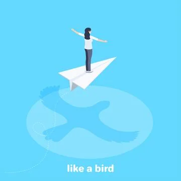 Isometric vector image on a blue background, a woman with spread arms flies o Stock Illustration