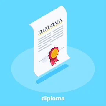 Isometric vector image on a blue background, diploma icon with a quality icon Stock Illustration