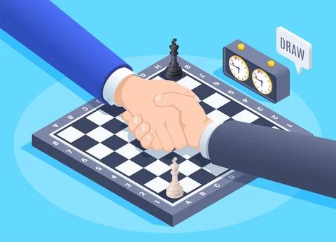 Isometric vector image on a blue background, shaking hands over a chessboard, Ilustração Stock