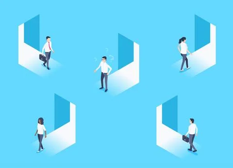 Isometric vector image on a blue background, men and women enter and exit the Stock Illustration