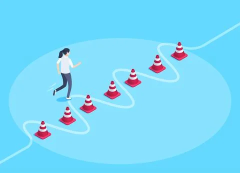 Isometric vector image on a blue background, a woman runs along a given traje 库存插图