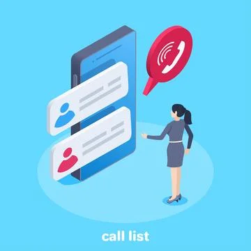 Isometric vector image on a blue background, a woman stands near a smartphone Stock Illustration