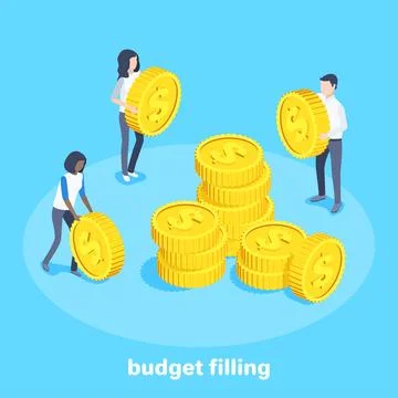 Isometric vector image on a blue background, people with golden coins stack t イラスト素材