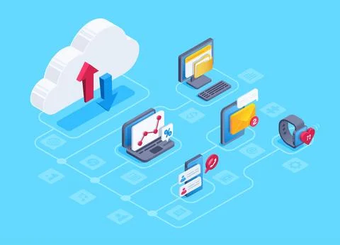 Isometric vector image on a blue background, cloud icon with up and down arro Illustrazione stock