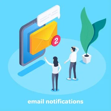 Isometric vector image on blue background, man and woman looking at tablet sc Stock Illustration