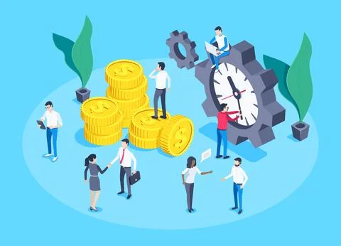 Isometric vector image on a blue background, people near the clock in a big g 스톡 일러스트