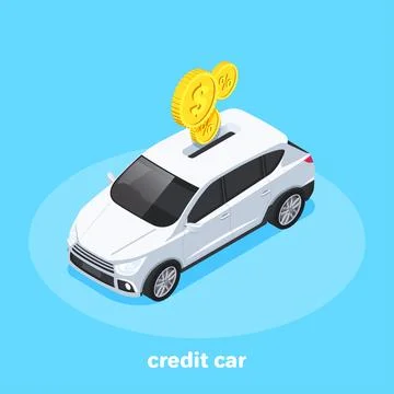 Isometric vector image on a blue background, white car and golden manets fall Stock Illustration